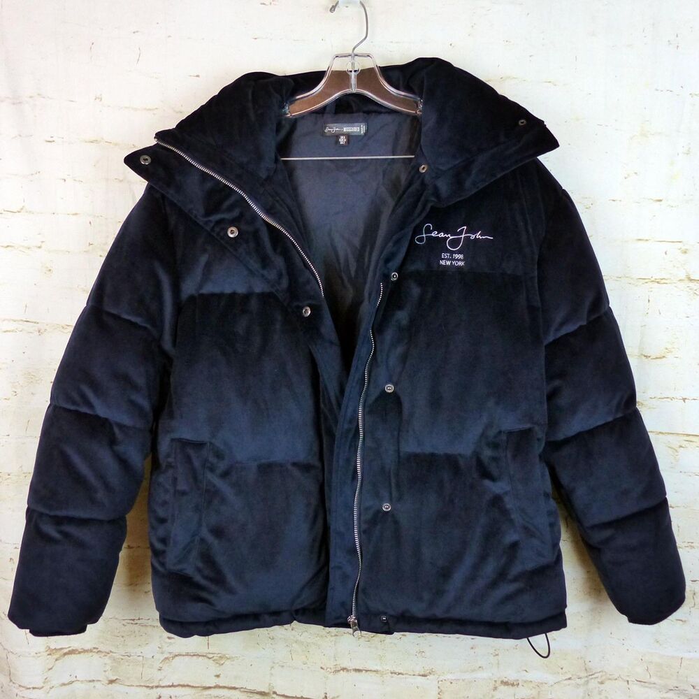 Sean John X Missguided Puffer Jacket Womens 2 US Navy Blue Velour Oversized Y2K - Picture 13 of 16